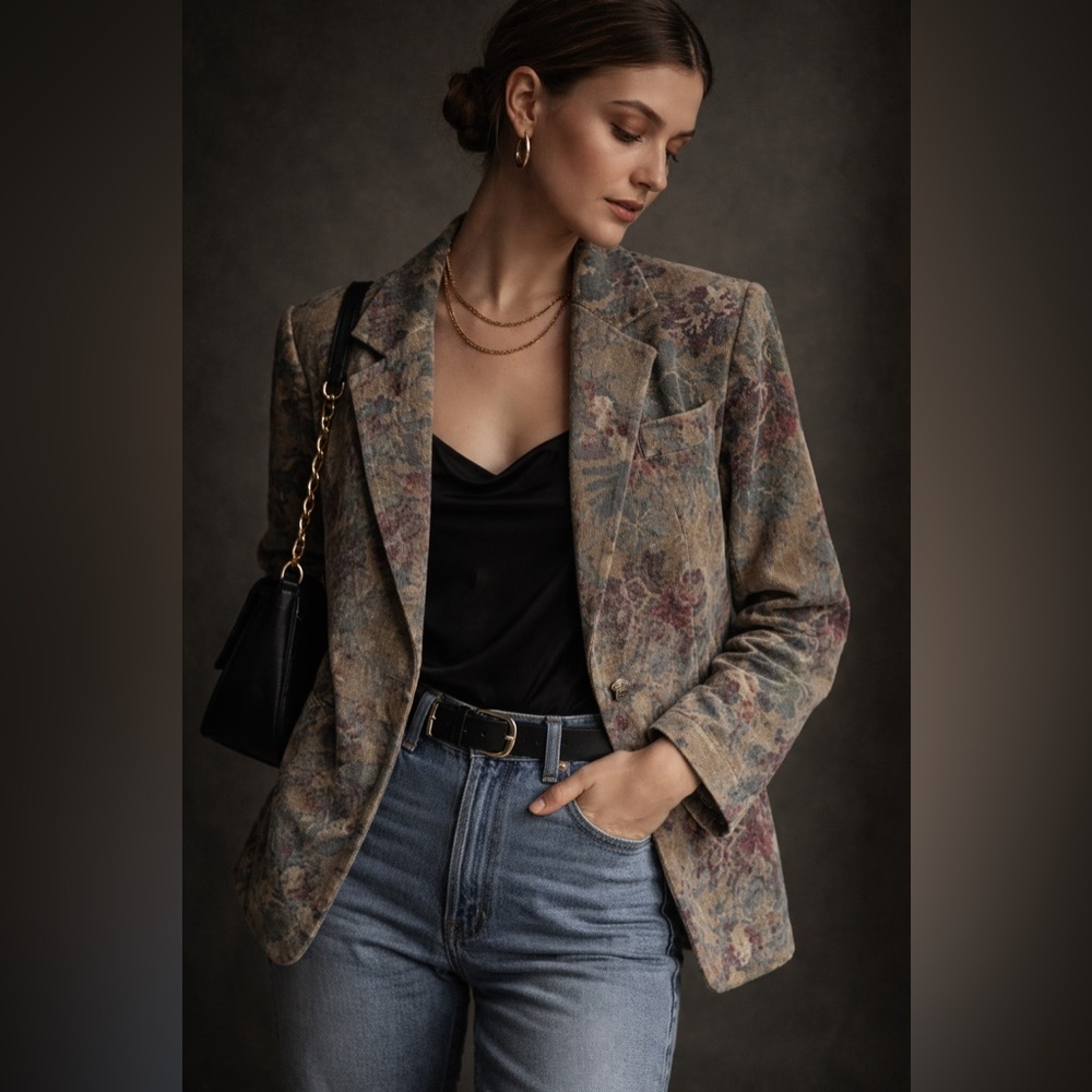 Vintage 90s NO!Jeans Tapestry Floral Patterned Blazer Cottagecore Academia